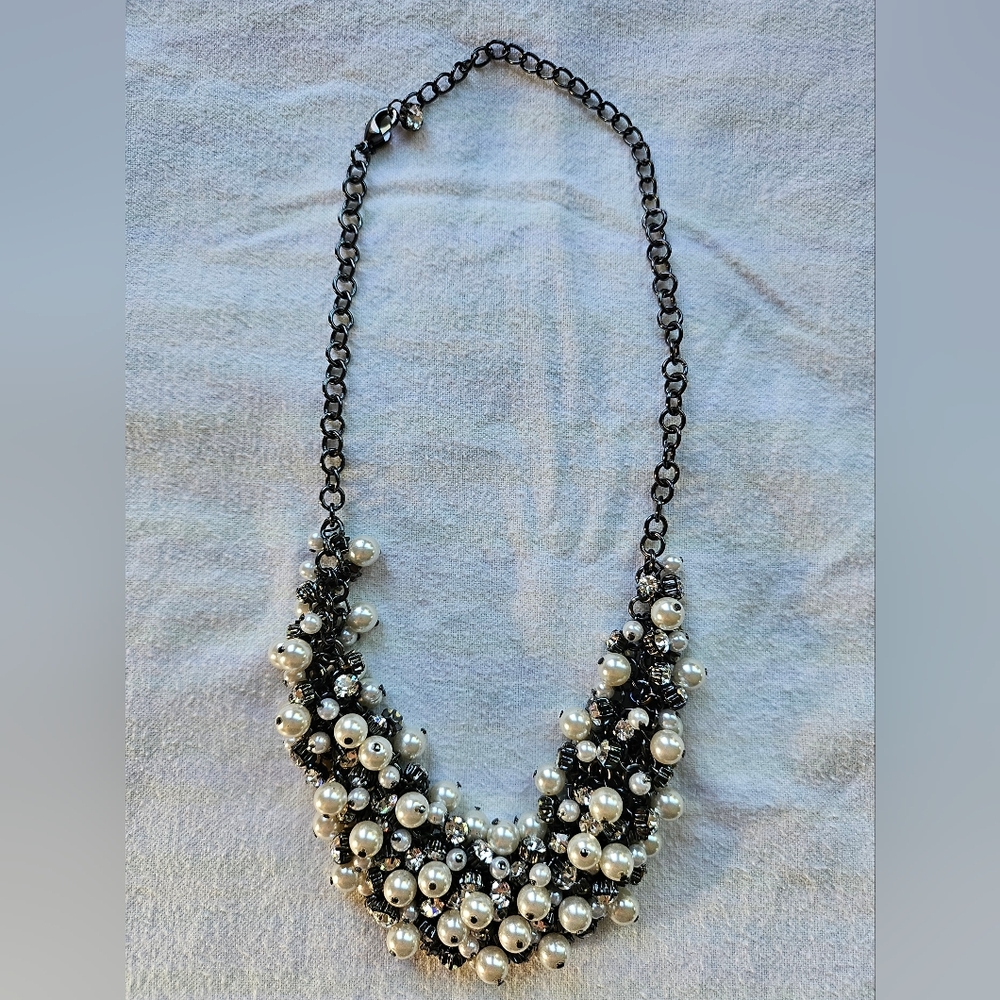 Premier Designs Enamored Necklace, Cubic Zirconia, Pearls, Black, White, NIB